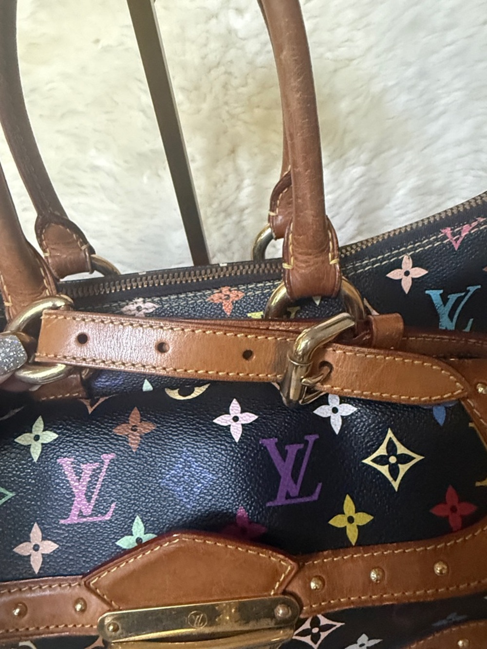 Louis Vuitton Black Multicolor Monogram Murakami Satchel with Brown Leather Rita - Picture 4 of 9